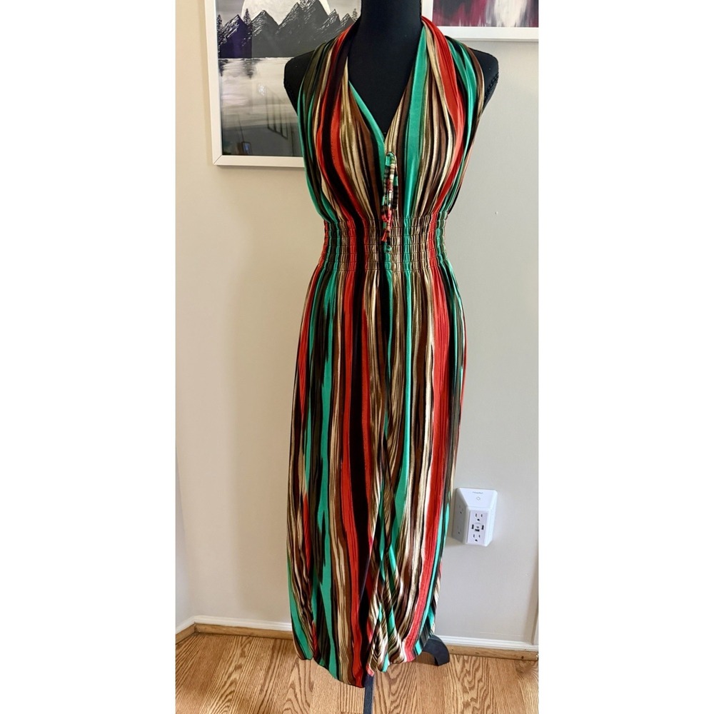 Multicolor Striped Halter Maxi Dress Sleeveless Pullover Size L Long
